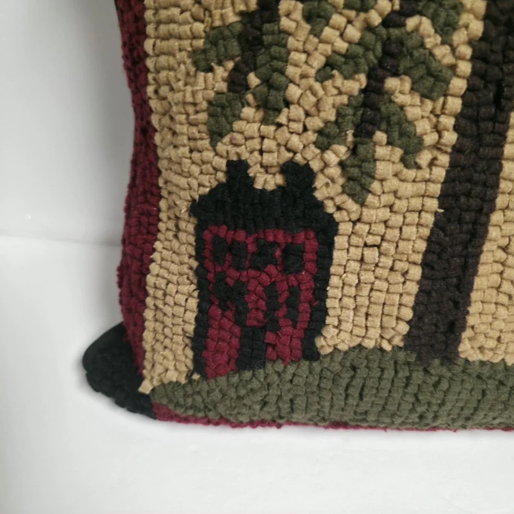 Primitive Folk Art Hooked Wool Pillow Willow Tree Saltbox House Country Decor